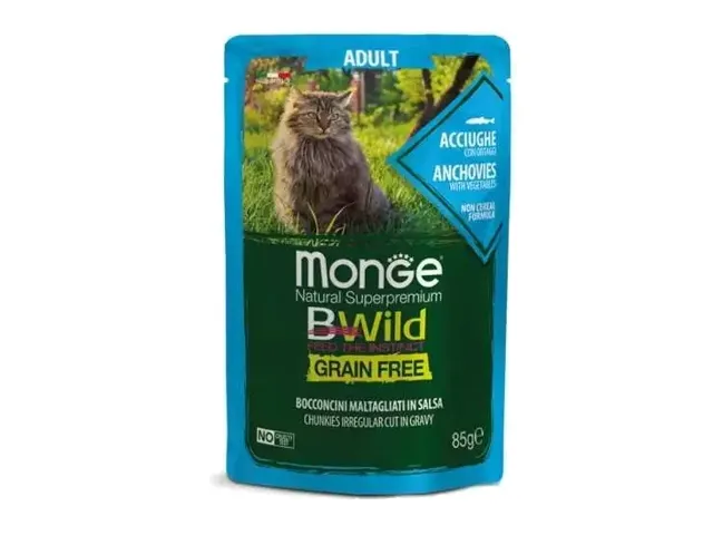 Monge BWild kons. pašaras katėms su ančiuviais ir daržovėmis padaže 12x85g