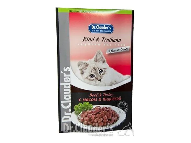 DR. CLAUDER'S drėgnas maistas katėms su jautiena ir kalakutiena drebučiuose 12x100g