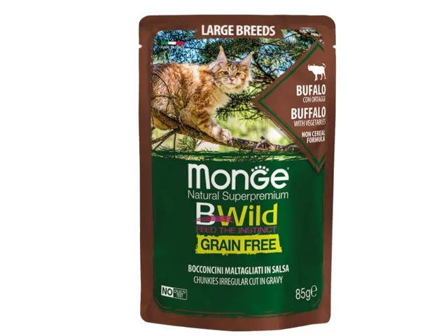 Monge BWild kons. pašaras didėlių veislių katėms su buivolo mėsa ir daržovėmis 12x85g