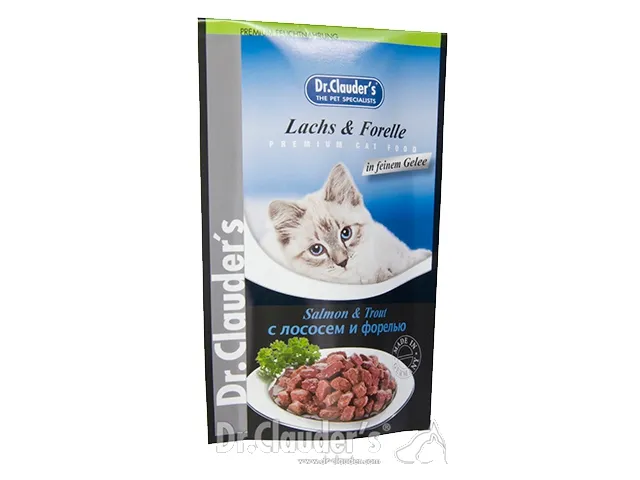DR. CLAUDER'S drėgnas maistas katėms su lašiša ir upėtakiu drebučiuose 12x100g