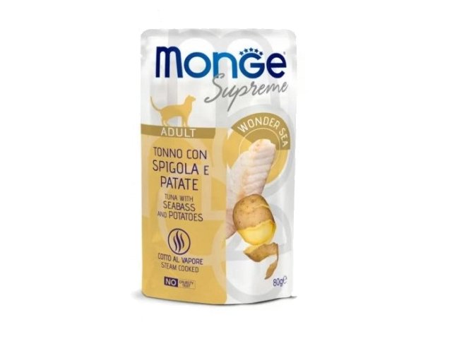 Monge SUPREME - Cat Wet Pouches Adult Tunas su jūros ešeriais ir bulvėmis 12x80g