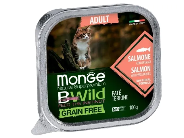 Monge BWild adult paštetas katėms su lašiša ir daržovėmis 12x100g