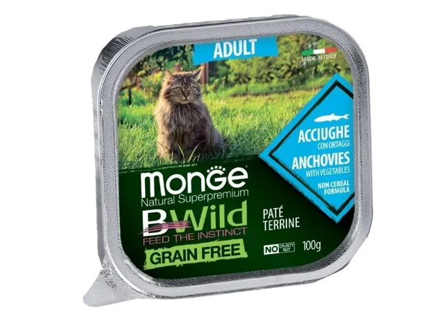 Monge BWild adult paštetas katėms su ančiuviais ir daržovėmis 12x100g