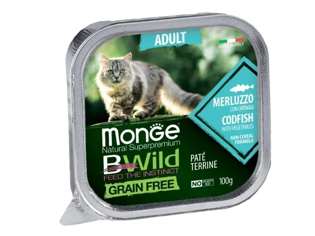 Monge BWild Adult paštetas katėms su su menke ir daržovėmis 12x100g