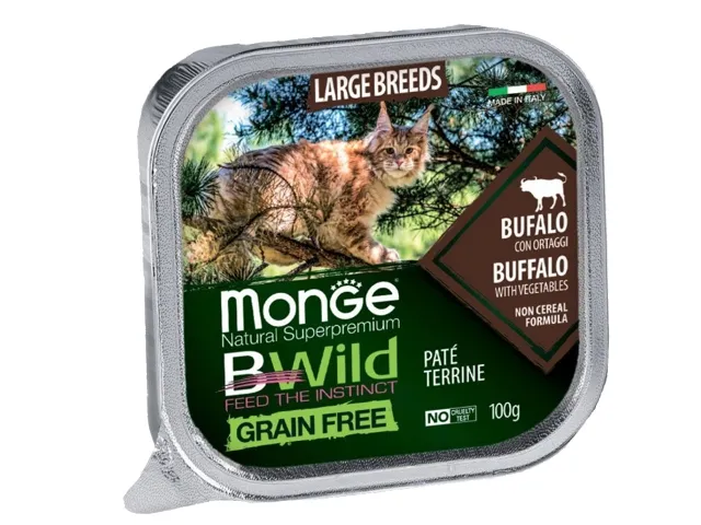 Monge BWild Large Breed keptas paštetas katėms su buivoliena ir daržovėmis 12x100g