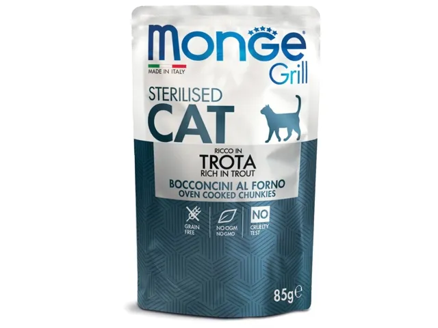 Monge Grill Sterilised konservai pašaras sterilizuotoms katėms su upėtakiu 12x85g