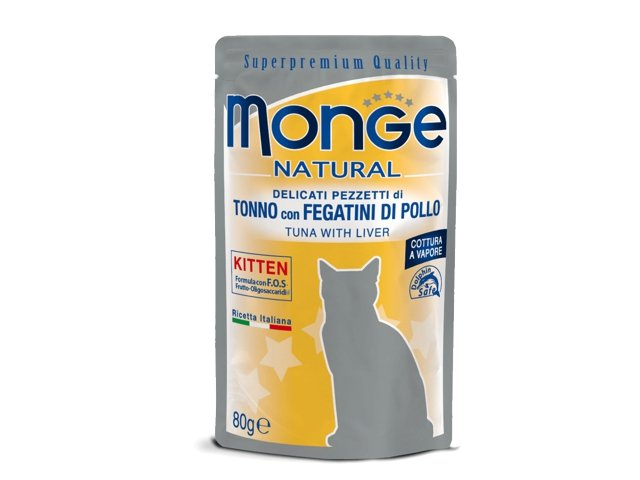 Monge Natural konservuotas pašaras kačiukams su skaniais tuno kąsneliais ir vištienos kepenėlėmis virtais garuose 12x80g