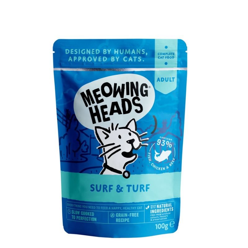 MEOWING HEADS Supurr Surf Turf Konservai Katėms Žuvis Vištiena Jautiena 10x100g