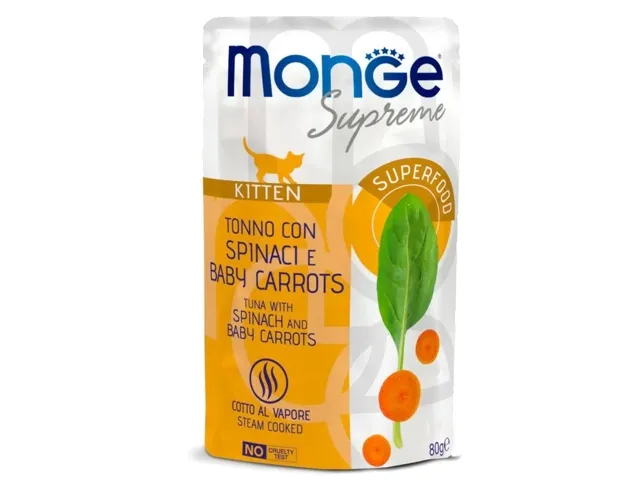 Monge SUPREME - Cat Wet Pouches Tuna with spinach and baby carrots - Kitten 12x80g