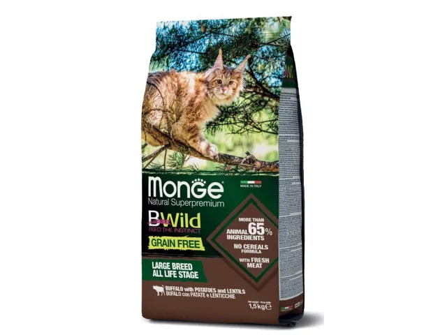 Monge Dry Cat GF LARGE breeds Buffalo Potatoes Lentils (buivolas bulvės lęšiai) 1.5kg