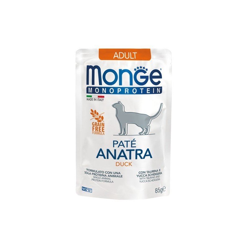 Monge Monoprotein Adult begrūdis konservuotas pašaras katėms su antiena 12x85g