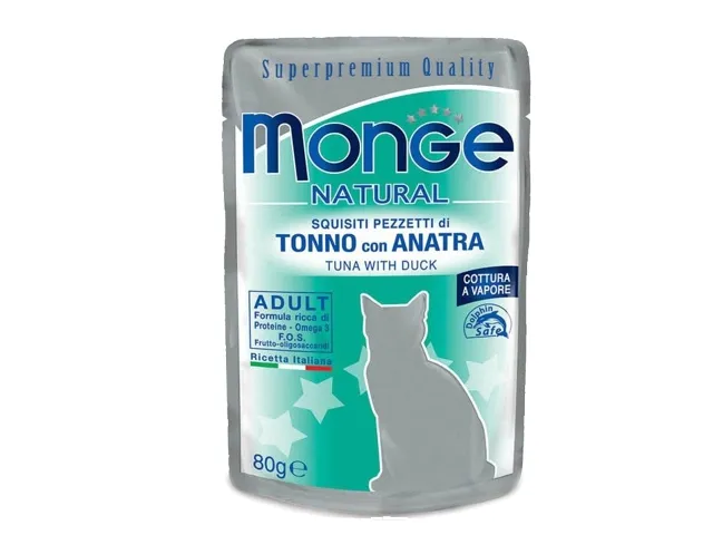 Monge Natural konservai suaugusioms katėms tuno kąsneliai su antiena želėje 12x80g