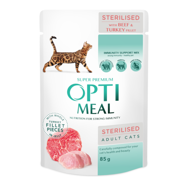 OPTIMEAL Visavertis konservuotas maistas sterilizuotoms katėms ir kastruotiems katinams su jautiena ir kalakutienos filė drebučiuose 85g x 12vnt