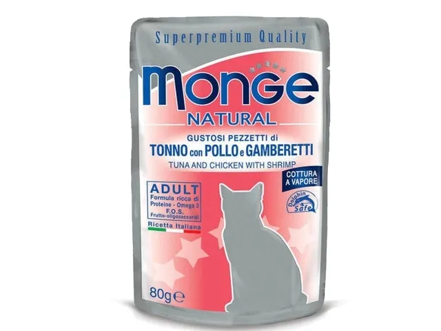 Monge Natural konservai suaugusioms katėms tuno kąsneliai su krevetėmis želėje 12x80g