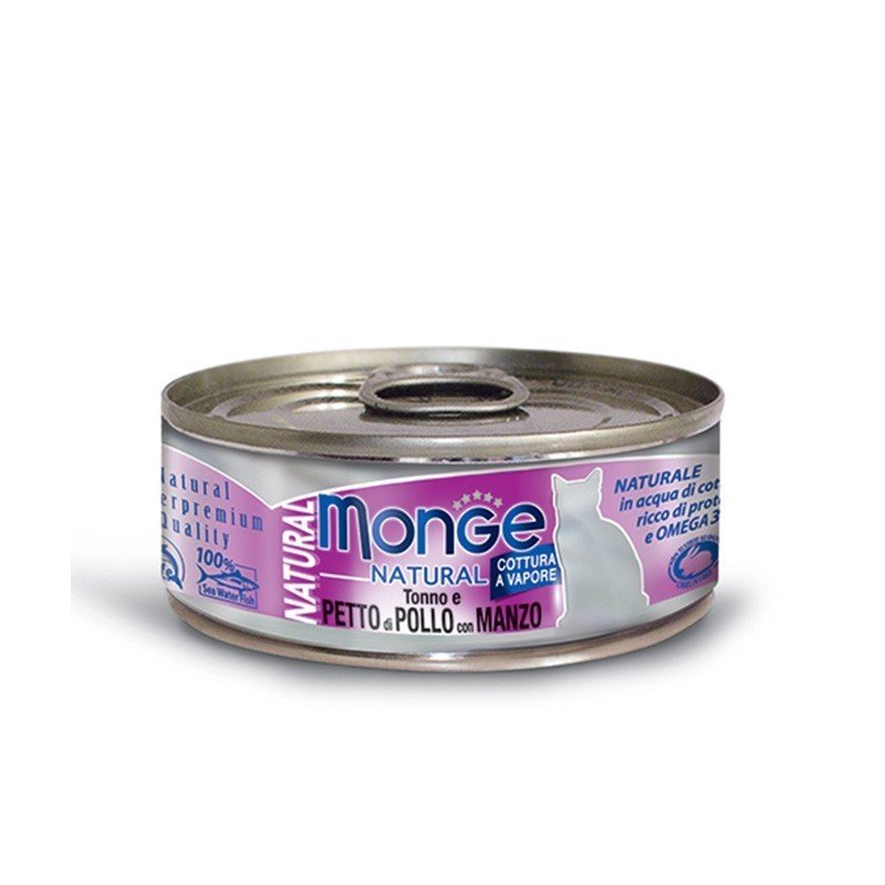 Monge kons. pašaras katėms su tuno vištienos ir jautienos gabalėliais savo sultyse 12x80g