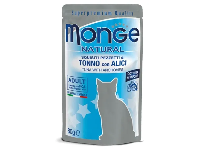 Monge Natural konservai suaugusioms katėms tuno kąsneliai su ančiuviais želėje 12x80g