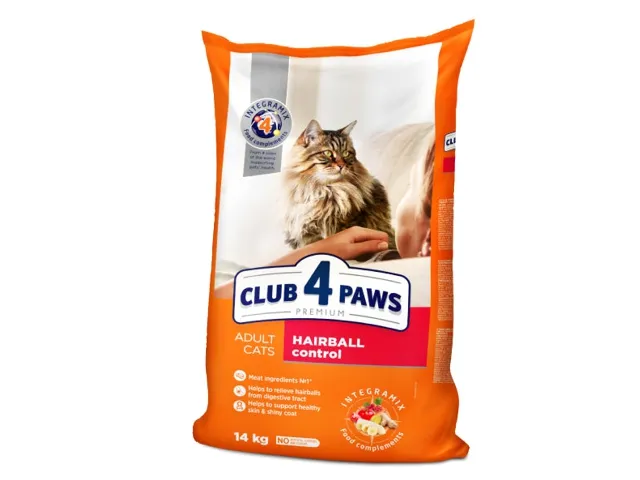 CLUB 4 PAWS Premium visavertis ėdalas suaugusioms katėms su vilnos pašalinimu iš virškinamojo trakto efektu „Hairball control“ 14 kg