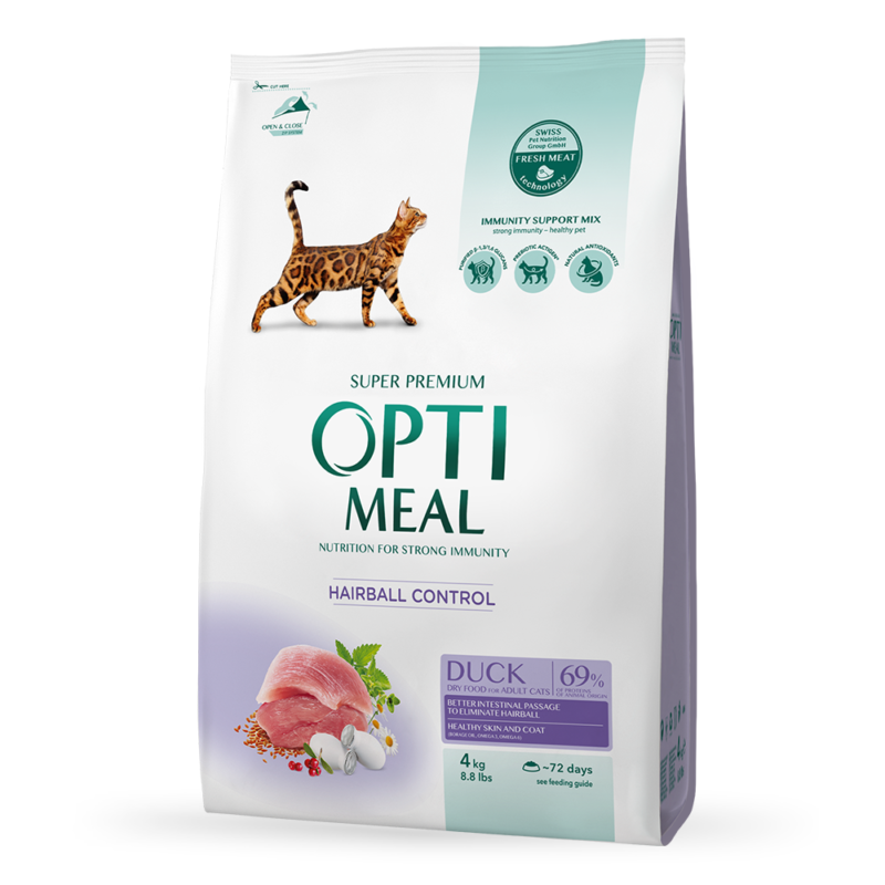 OPTIMEAL Visavertis sausas maistas suaugusioms katėms su plaukų išvalymo efektu – antiena 4 kg