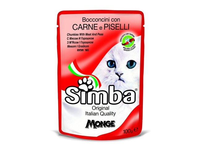 Simba konservuotas pašaras katėms su mėsa ir žirneliais 12x100g
