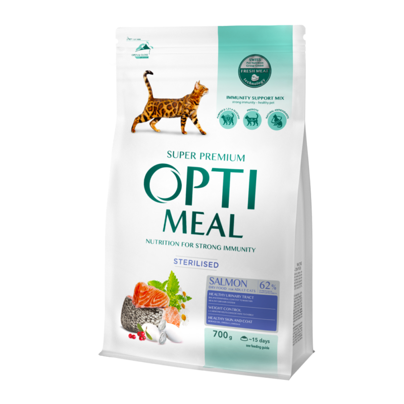 OPTIMEAL Visavertis sausas maistas sterilizuotoms katėms ir kastruotiems katinams su lašiša 1.5 kg
