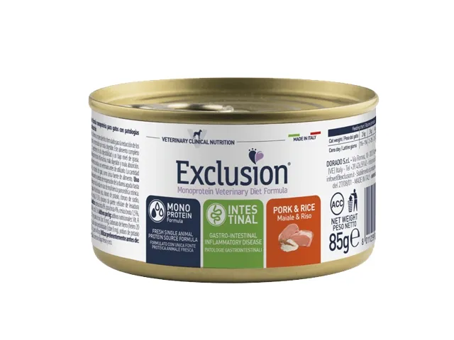 Exclusion Intestinal maistas katėms su kiauliena ir ryžiais 12x85g