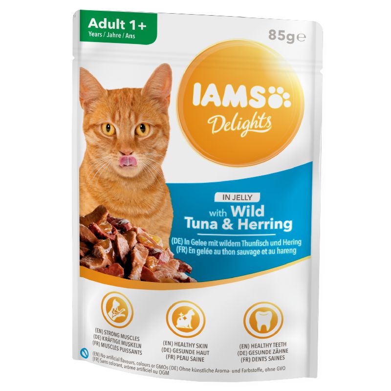 Iams Delights Cat Tuna&Herring konservuotas pašaras katėms, tunas, silkė; 85g