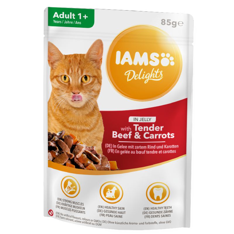 Iams Delights Cat Beef&Carrots konservuotas pašaras katėms, morkos, jautiena; 85g