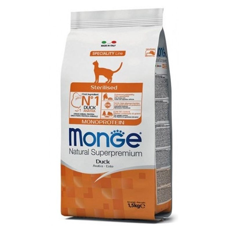 Monge Cat Natural Speciality Monoprotein Sterilized Duck sausas pašaras katėms, antiena; 1.5kg, 10kg