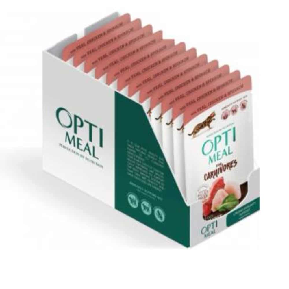 OPTIMEAL veal, chicken fillet and spinach in sauce begrūdžiai konservai katėms su veršiena, vištienos filė ir špinatais padaže, 80g*12vnt.