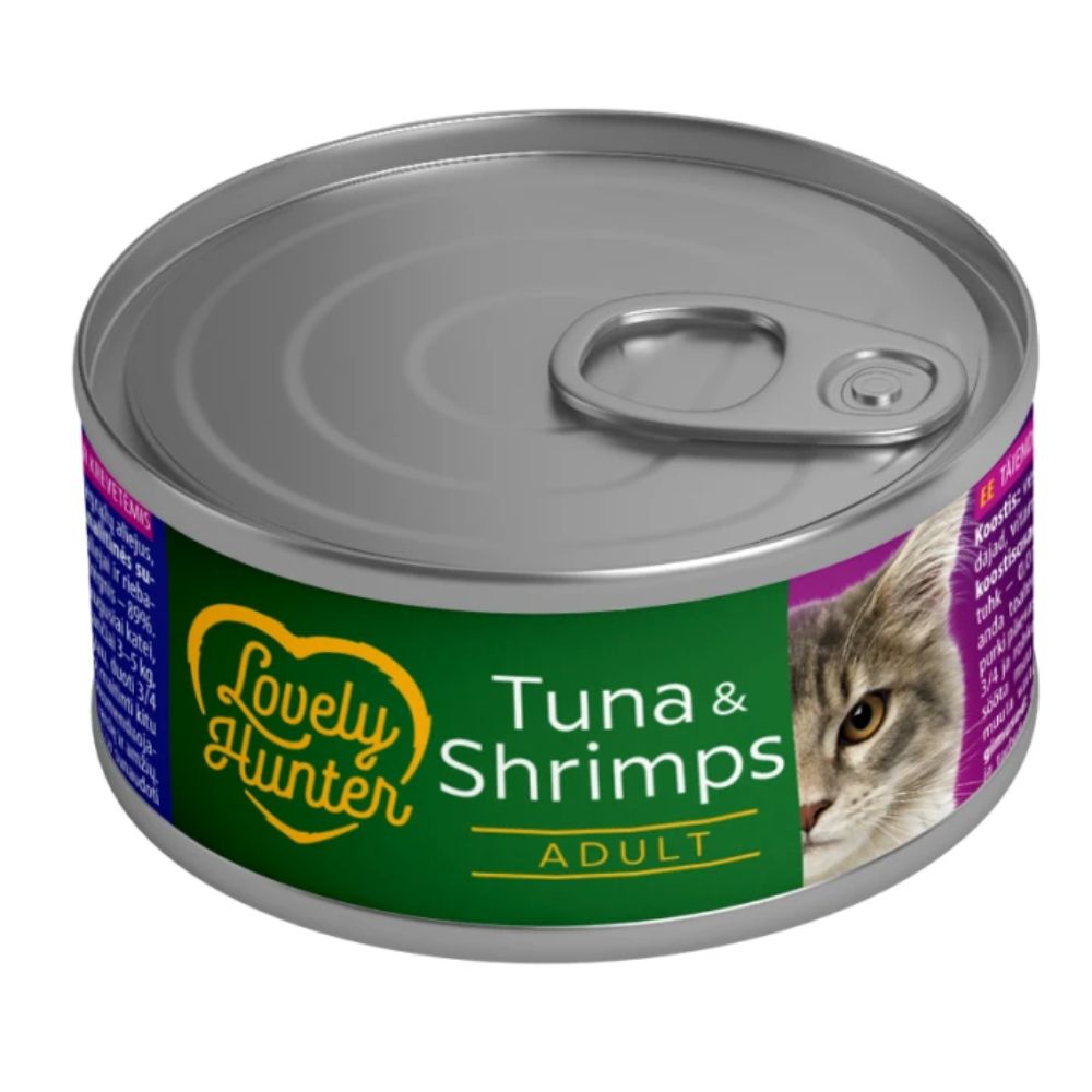 LOVELY HUNTER Tuna Shrimp suaugusių kačių konservai pašaras su tunu ir krevetėmis 85g