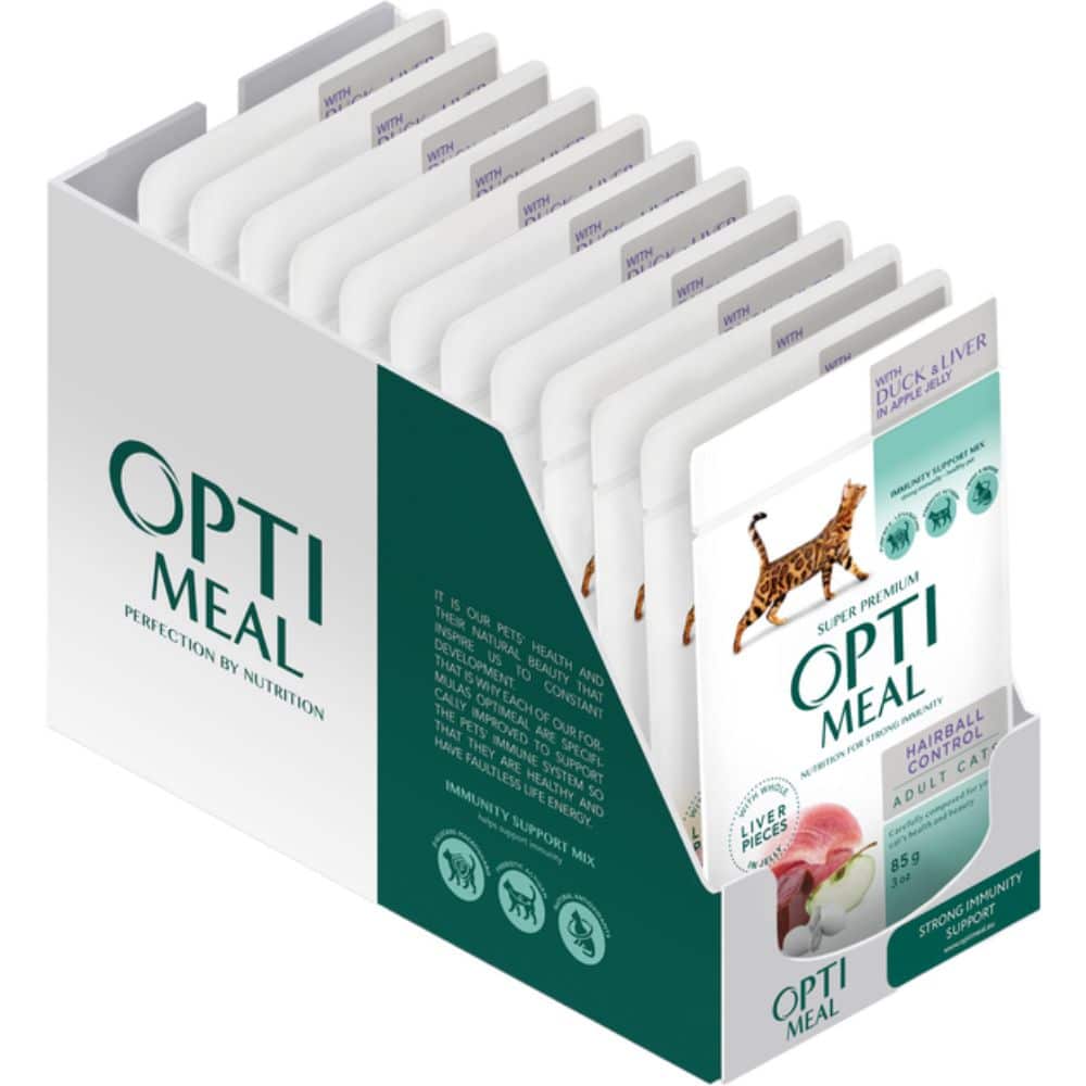 OPTIMEAL hairball control, with duck and slices of liver in apple jelly konservai katėms su antiena ir kepenėlėmis, 85g*12vnt.