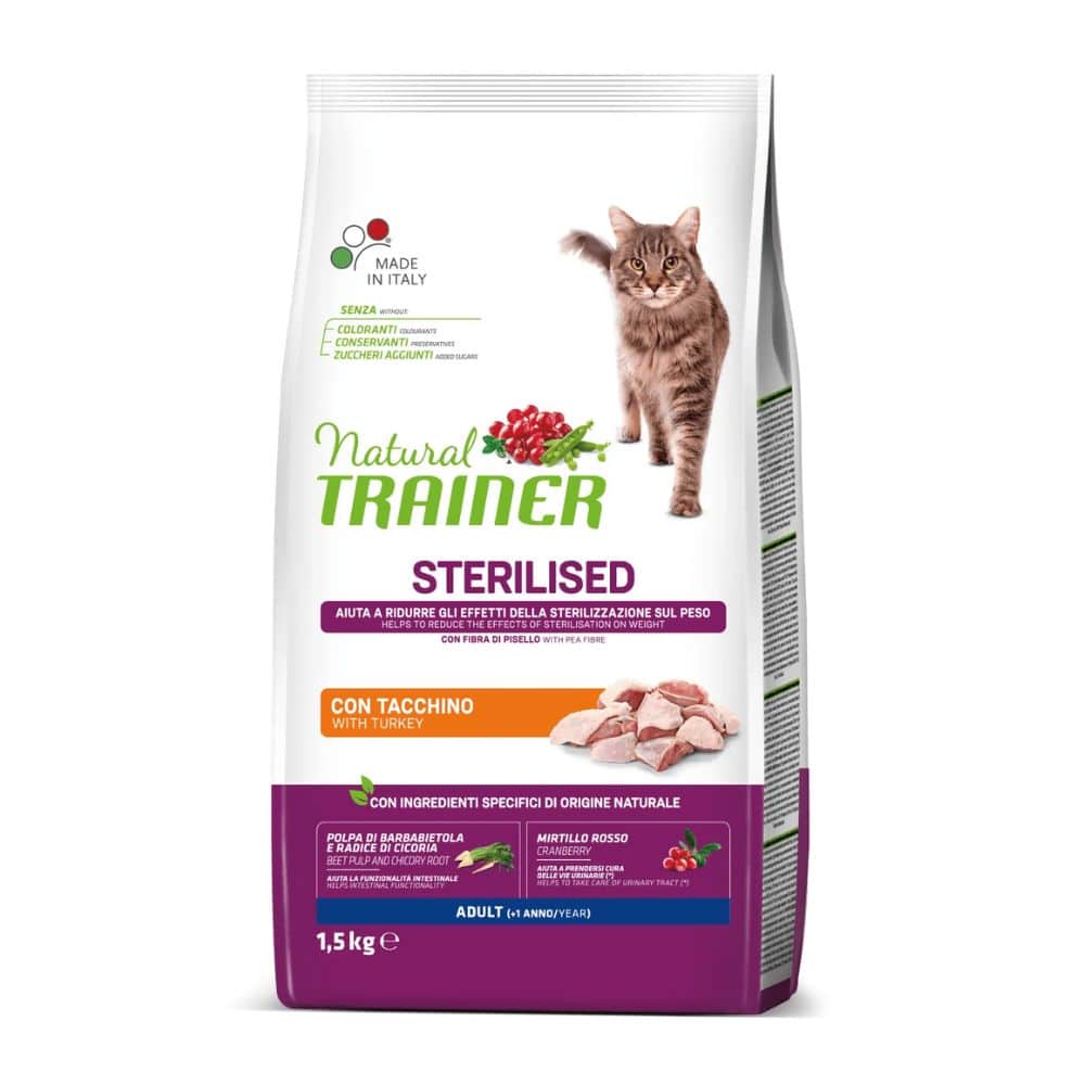 TRAINER NATURAL CAT ADULT STERILISED sausas maistas katėms su kalakutiena - Produkto Svoris 10kg