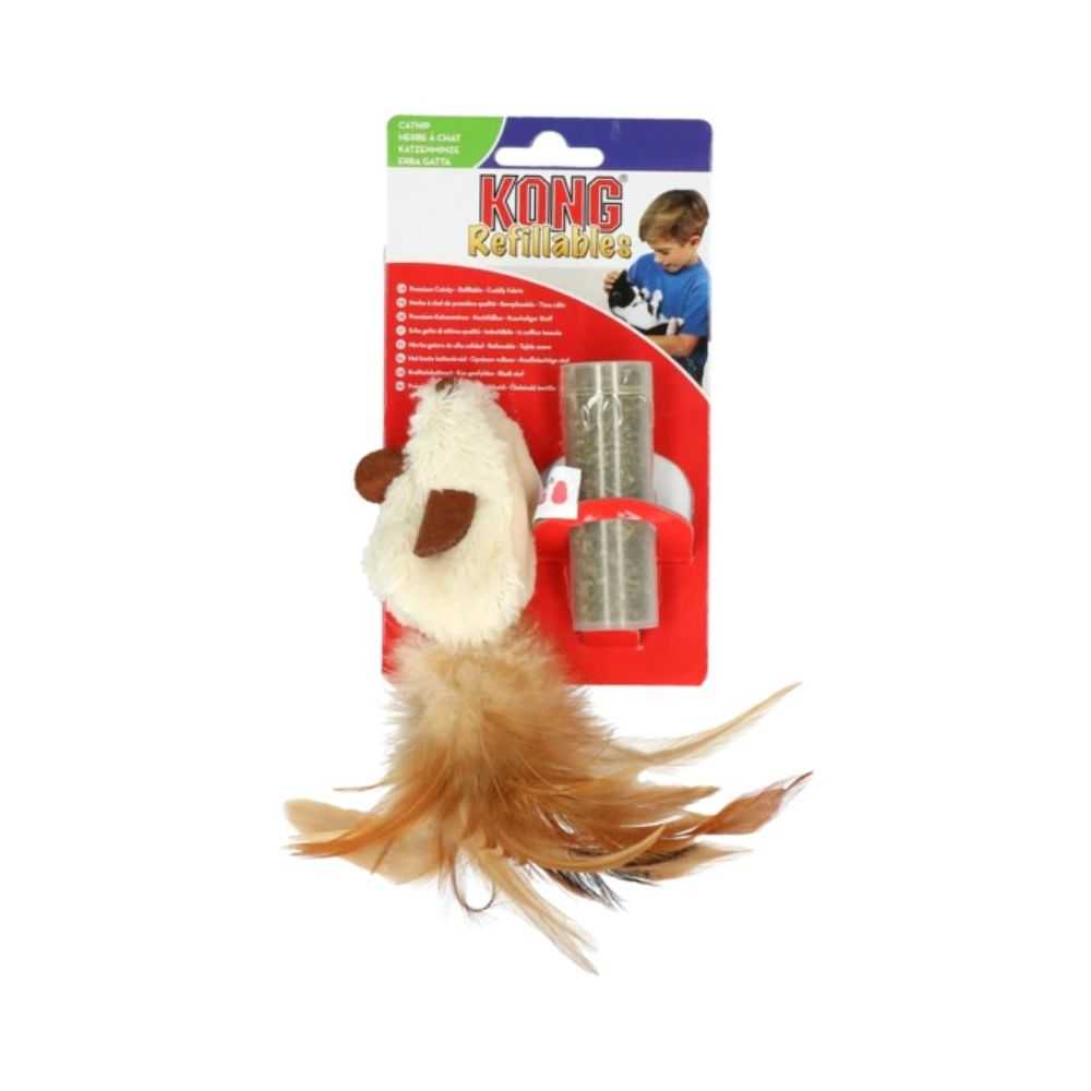 KONG Cat Refillable Catnip Feather Mouse - žaislas katėms su pakartotinai papildoma katžole