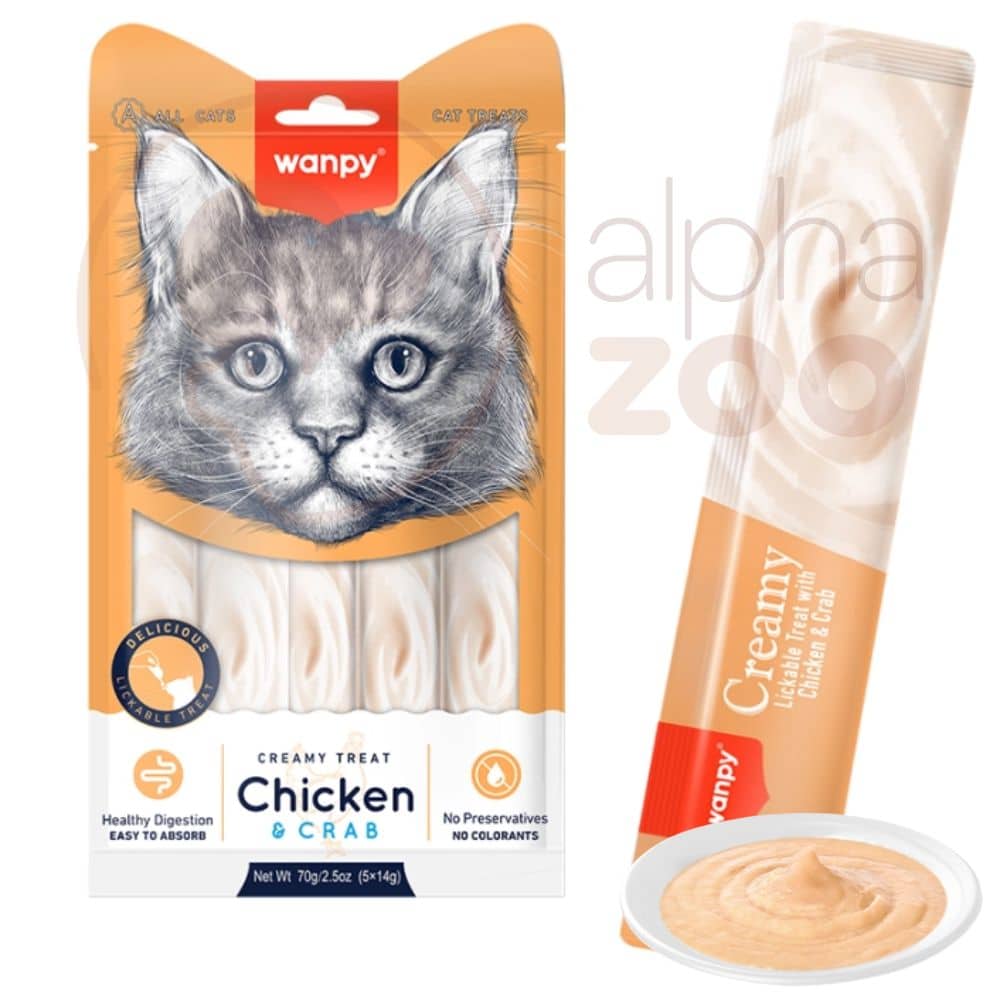 Wanpy Chicken & Crab creamy treats laižomas skanėstas katėms su vištiena ir krabais 5x14g