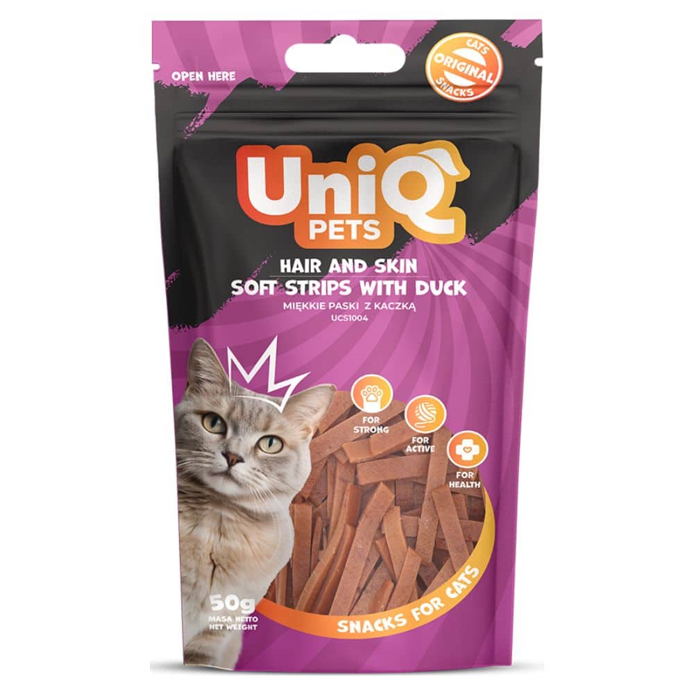 UNIQ PETS hair and skin soft strips with duck 50g skanėstas katėms antienos juostelės