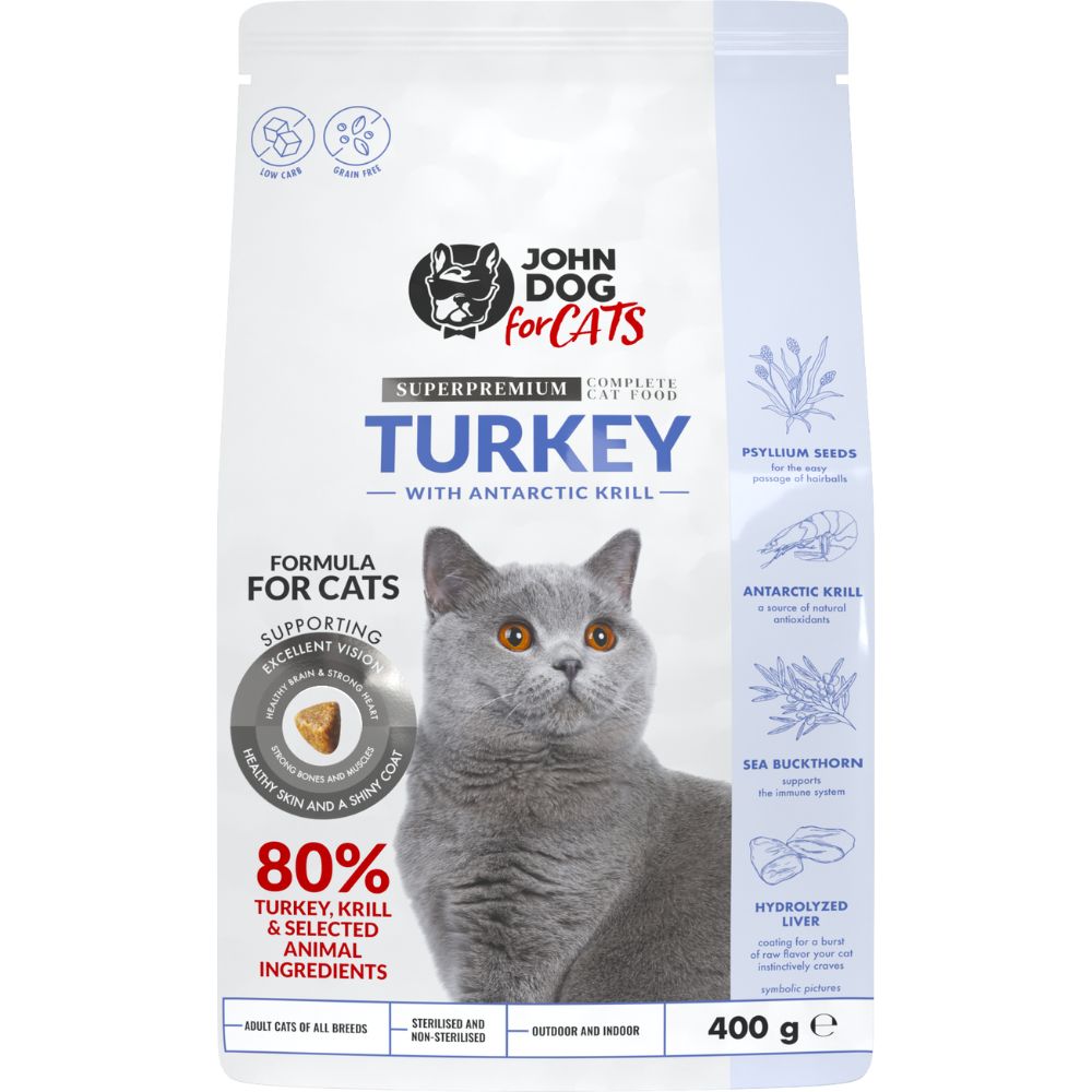 JOHN DOG FOR CATS TURKEY WITH KRILL sausas maistas katėms su kalakutiena ir kriliu - Produkto Svoris 1.5kg