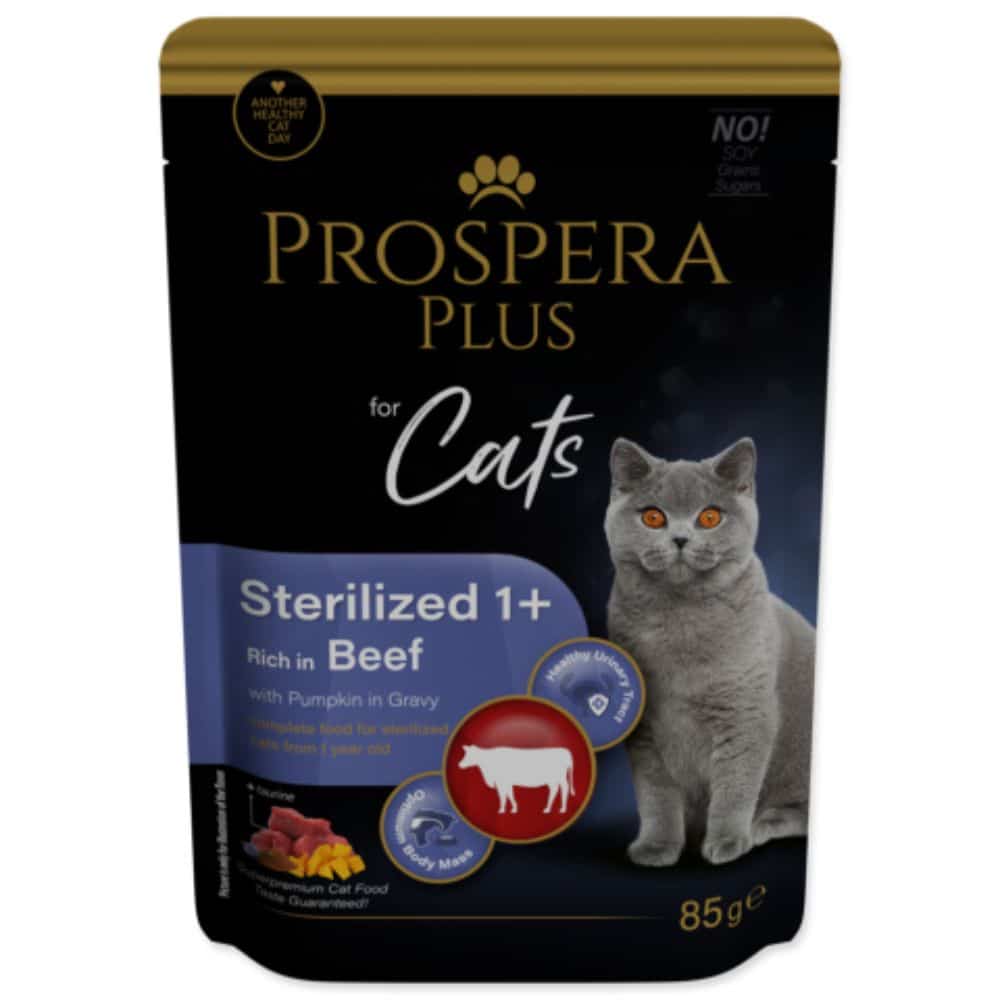 Prospera Plus Cat Sterilised 1+ Beef konservai sterilizuotoms katėms su jautiena nuo 1 metų, 85g