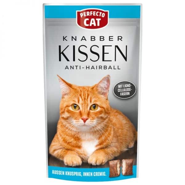 Perfecto Cat Anti Hairball traškios pagalvėlės skanėstas katėms, 50g