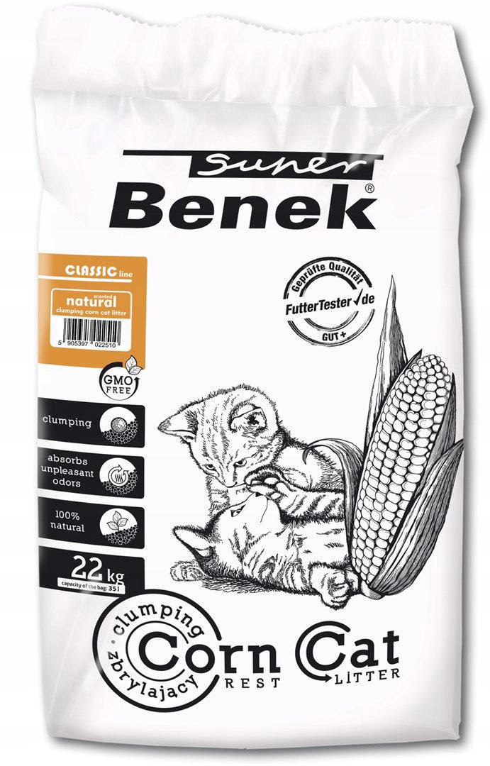 SUPER BENEK Corn Classic Kukurūzų kraikas katėms Natūralus, sulipęs 22kg