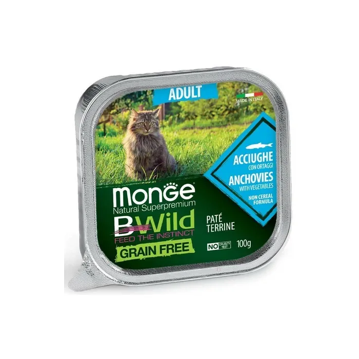 Monge BWILD Cat begrūdis drėgnas maistas katėms su ančiuviais ir daržovėmis, 100 g