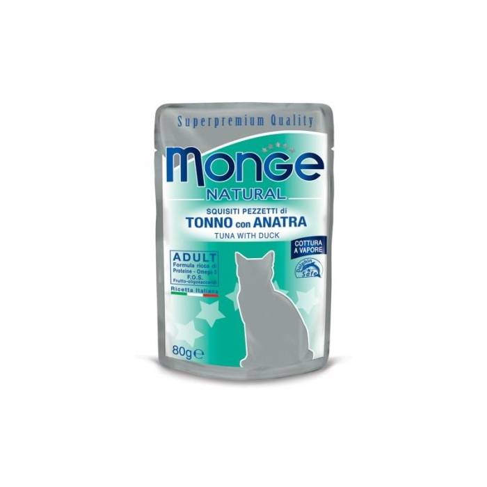 Monge Natural Wet Cat Pouches drėgnas maistas katėms su tunu ir antiena, 80 g