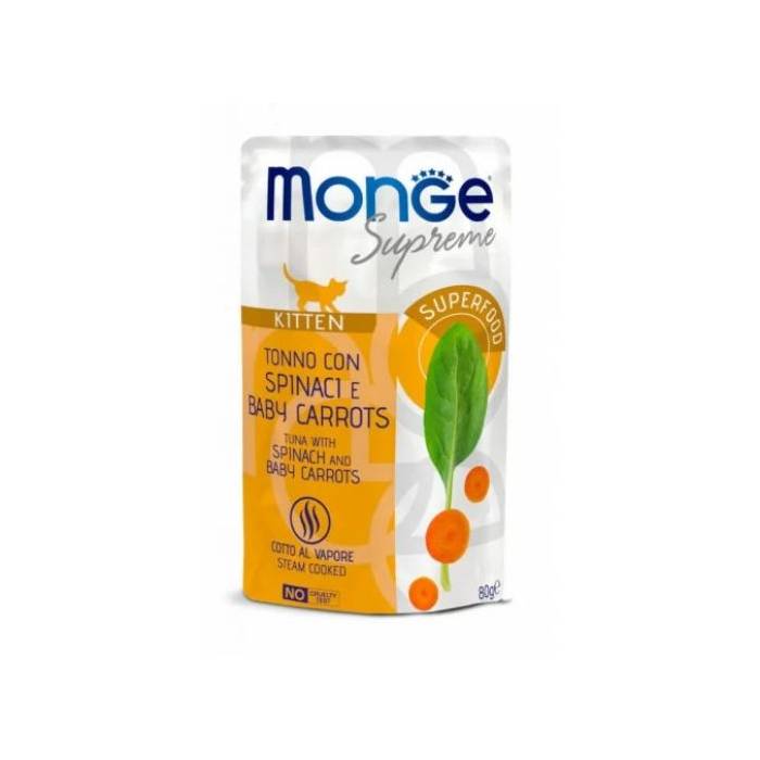 Monge Supreme Cat Wet Pouches drėgnas maistas kačiukams su tunu, špinatais ir morkytėmis, 80 g