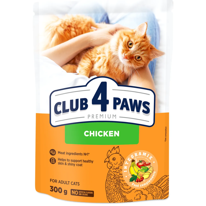 CLUB 4 PAWS Premium Visavertis pašaras suaugusioms katėms su vištiena, 0,3 kg