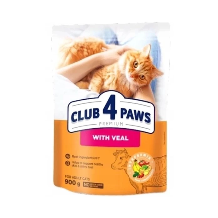 CLUB 4 PAWS Premium Visavertis pašaras suaugusioms katėms su veršiena, 0,9 kg