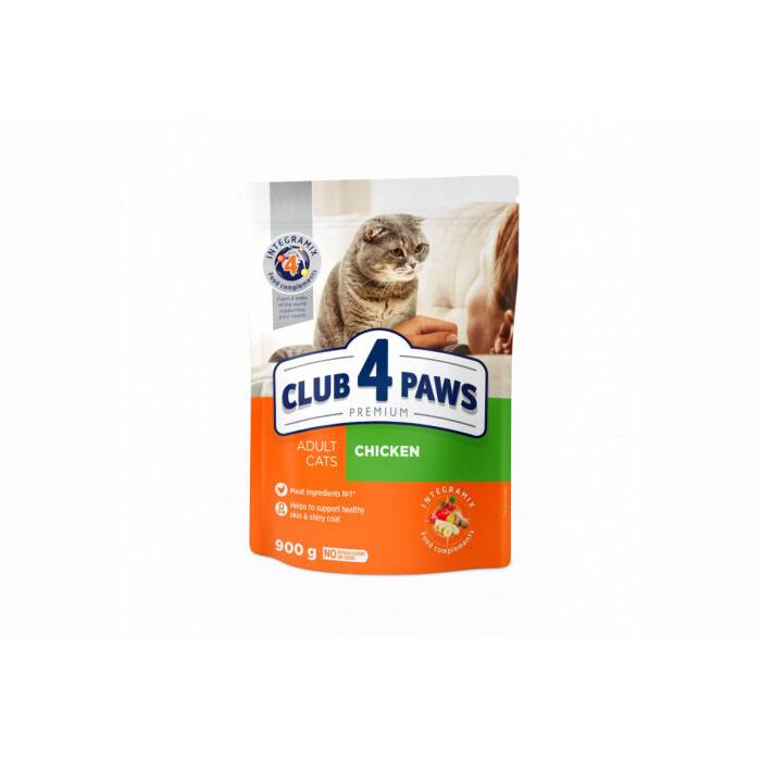 CLUB 4 PAWS Premium Visavertis pašaras suaugusioms katėms su vištiena, 0,9 kg