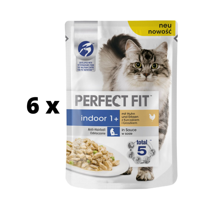 Konservuotas ėdalas PERFECT FIT kambarinėms katėms, su vištiena ir žirneliais, 6 x 85 g