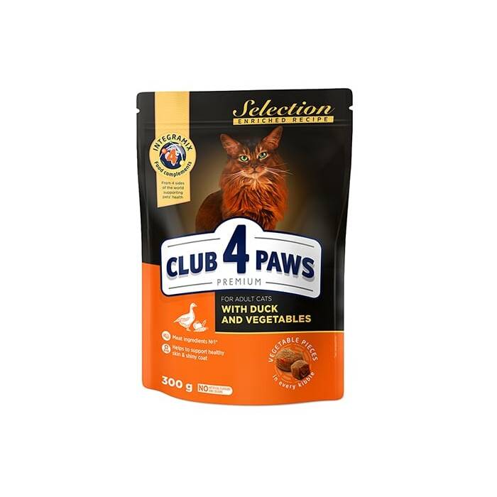 CLUB 4 PAWS Premium Visavertis pašaras suaugusioms katėms su antiena ir daržovėmis, 0,3 kg