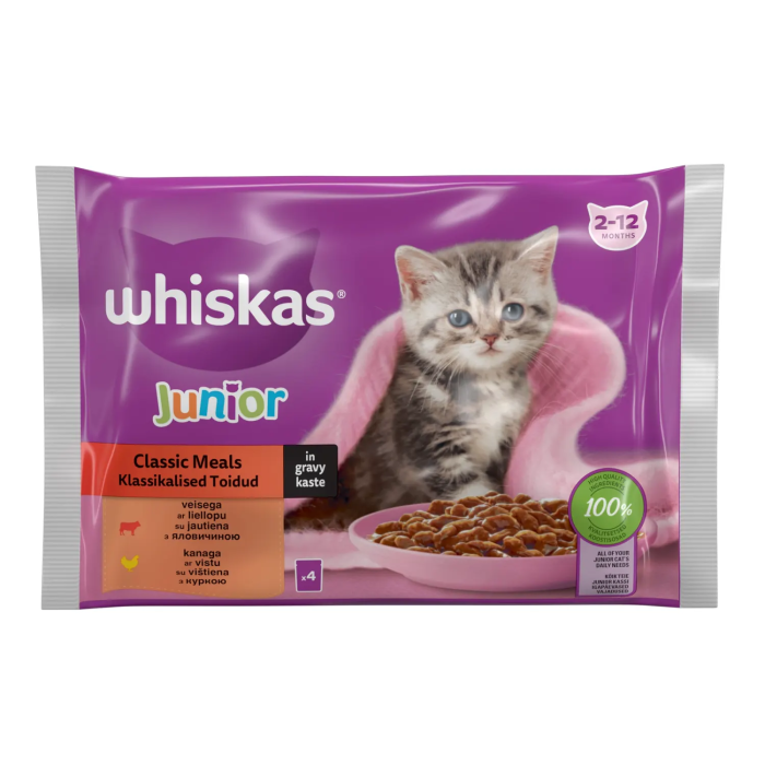 Whiskas Junior drėgnas maistas kačiukams, mėsos rinkinys, 4 x 85 g