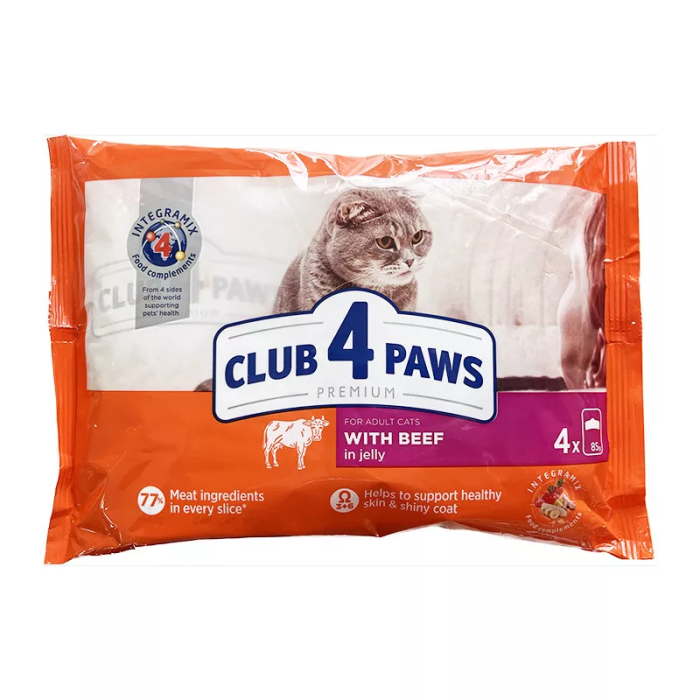 CLUB 4 PAWS Premium Visavertis konservuotas ėdalas suaugusioms katėms su jautiena drebučiuose, 4 x 85 g