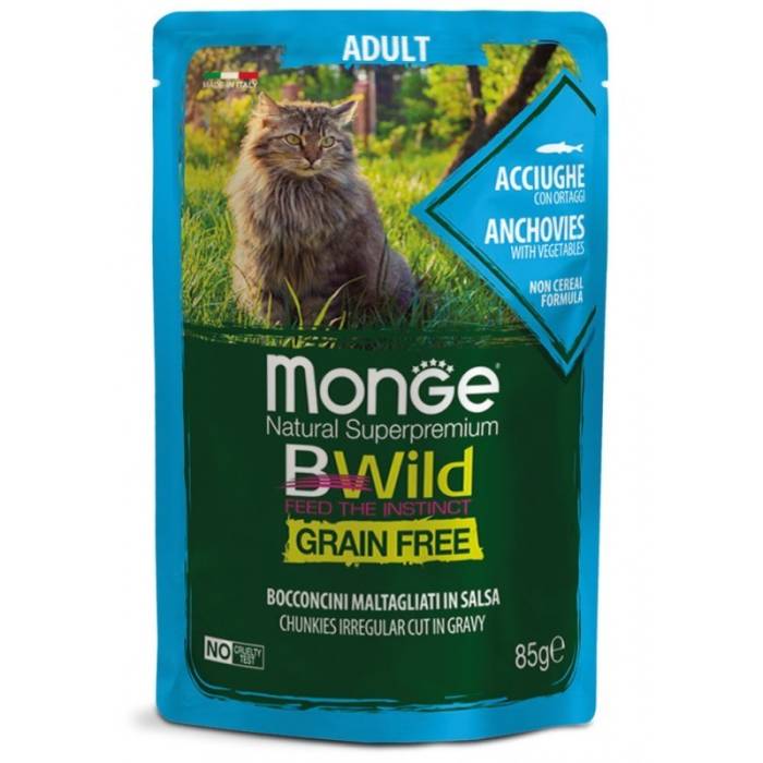 Monge BWILD Cat Pouches begrūdis drėgnas maistas katėms su ančiuviais ir daržovėmis, 85 g